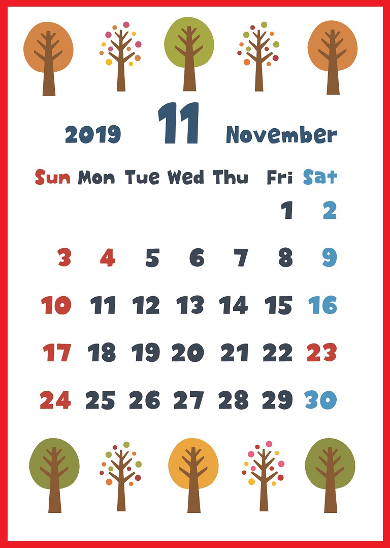 2019年11月縦型の 紅葉 木の実 イラストカレンダー 無料