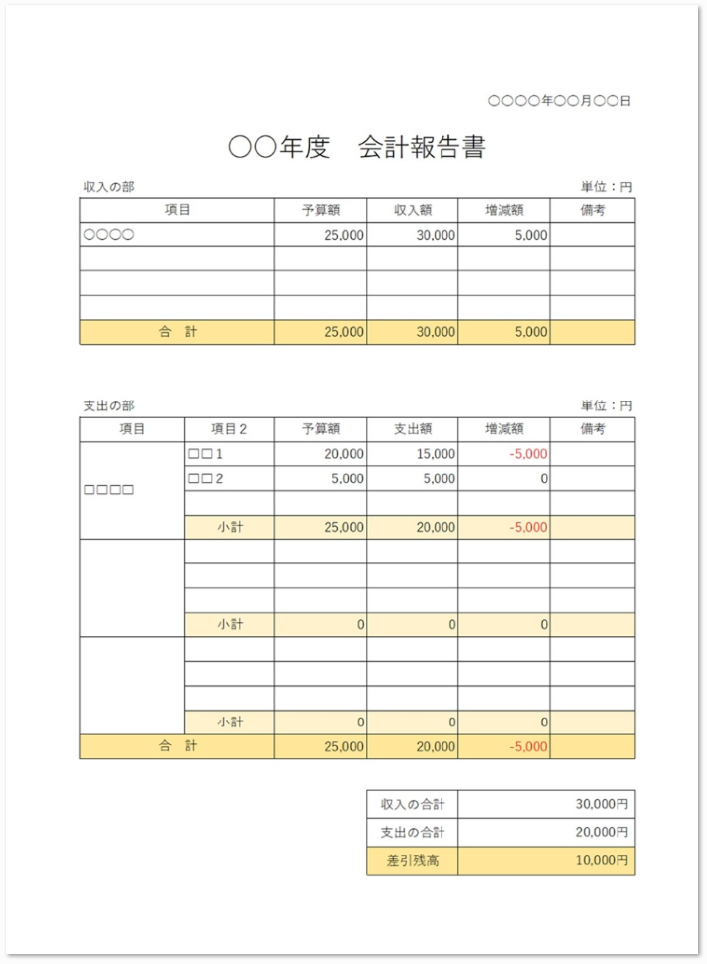 会計報告書 無料ダウンロード かわいい 雛形 テンプレート素材