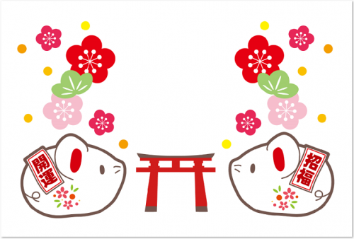 2020年子年の年賀状素材・鳥居と陶器(置物風)ねずみのイラスト