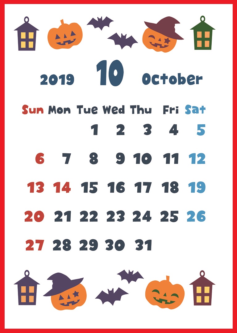 2019年10月縦型の「蝙蝠とカボチャ」イラストカレンダー