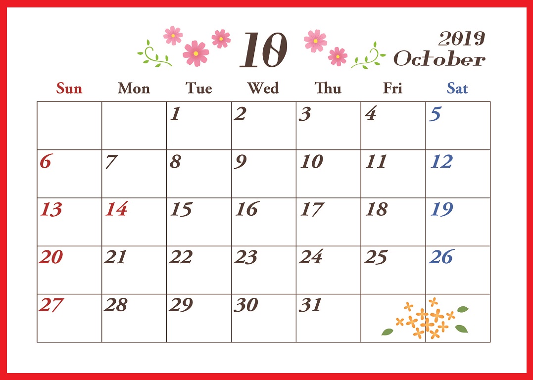 2019年10月横型の「コスモスと金木犀」イラストカレンダー