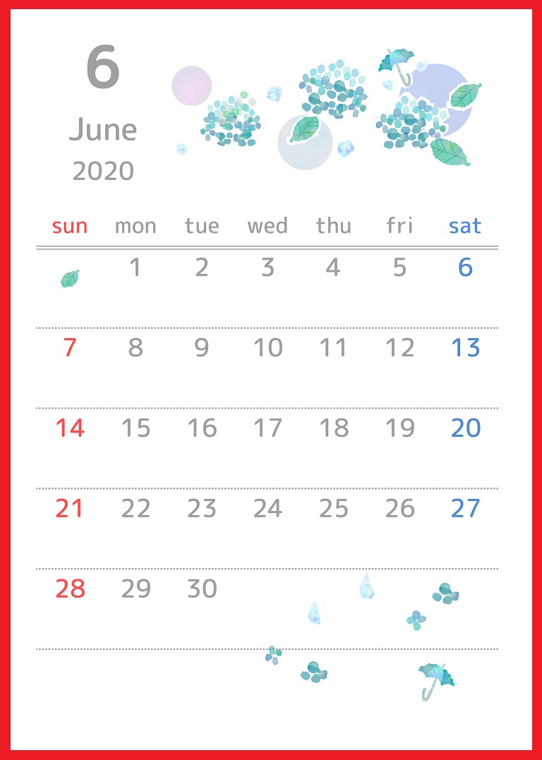 2020年6月縦型の 紫陽花の花 イラストのカレンダー 無料