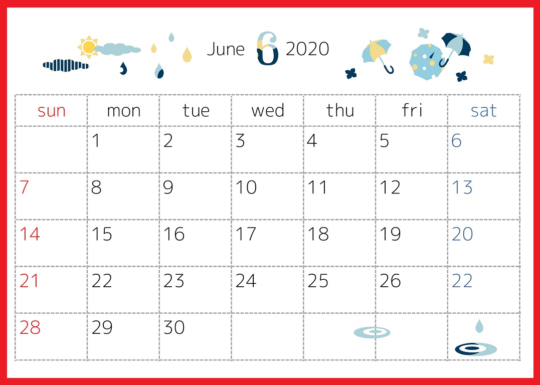 年6月横型の 雨と傘 梅雨 デザインカレンダー 無料ダウンロード かわいい 雛形 テンプレート素材
