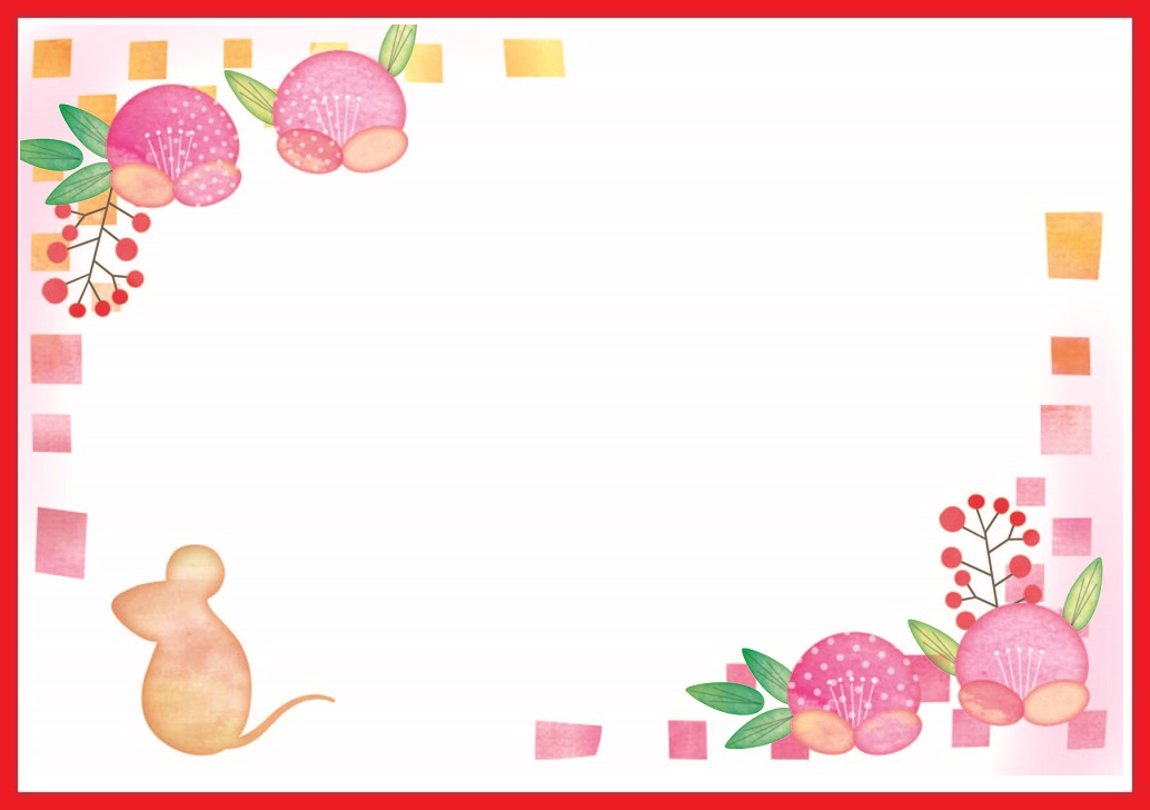 手書き風のねずみと椿の花のかわいいイラスト年賀状素材 無料