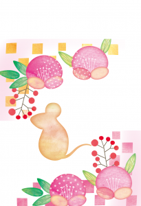 手書き風のねずみと椿の花のかわいいイラスト年賀状素材 無料ダウンロード かわいい 雛形 テンプレート素材